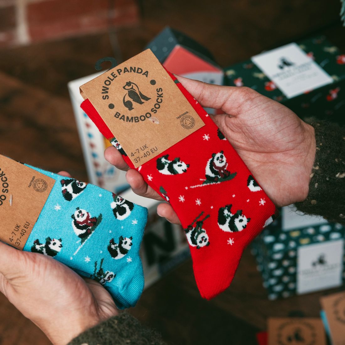 Blue Skiing Panda Bamboo Socks