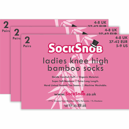 Ladies 6 Pairs Long Bamboo Socks | Knee High Plain & Patterned Design Socks