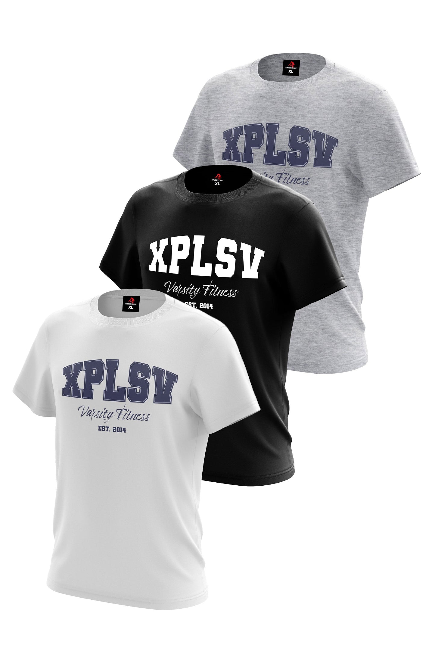 XAPE Varsity Fitness V2 3 Tees Pack - White/Sports Grey/Black Xplosive Ape