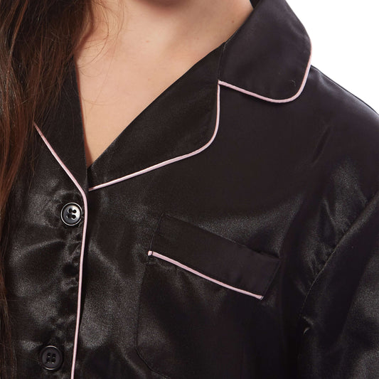 Girls Long Sleeve Satin Silk Pyjama Set Comfortable Button-Down Sleepwear in Black Pink Grey Sizes 5-14 YRS by Daisy Dreamer