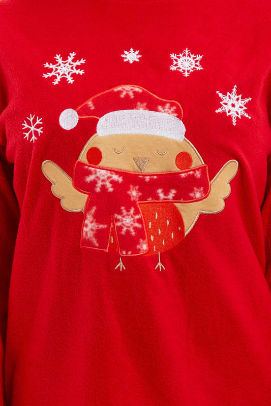 Women's Red Robin Polar Fleece Pyjama Set Super Soft Hooded Top and Elasticated Pants with Embroidered Detailing by Daisy Dreamer