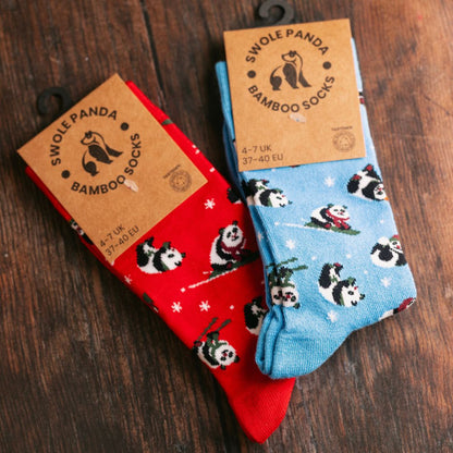 Red Skiing Panda Bamboo Socks