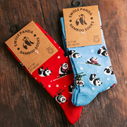 Red Skiing Panda Bamboo Socks