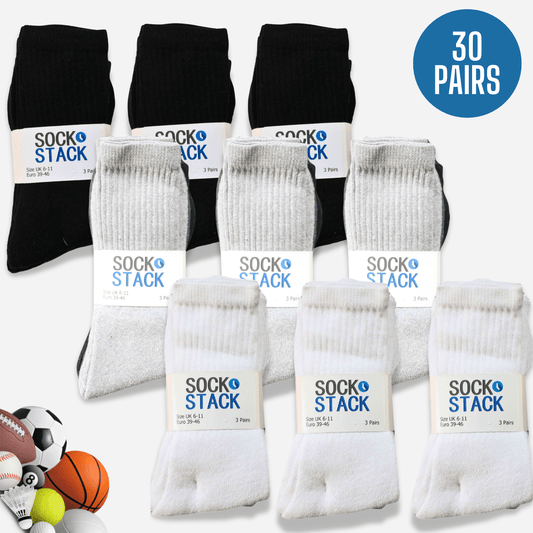 30 Pairs Mens Cotton Rich Performance Sport Socks Outdoor Athletics Running Hiking Football Black Grey White Sock Cushioned Anti-Blister Moisture-Wicking Breathable Comfortable UK 6-11 by Sock Stack