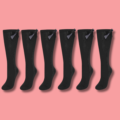 6 Pairs Girls Knee High Socks With Ribbon Bows Back To School Cotton Rich Long Socks Stylish Comfortable Durable For Uniforms Everyday Wear Ages 2-16 Years by Sock Stack