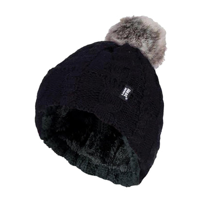 Ladies Cable Knit Fleece Lined Thermal Winter Bobble Hat with Pom Pom