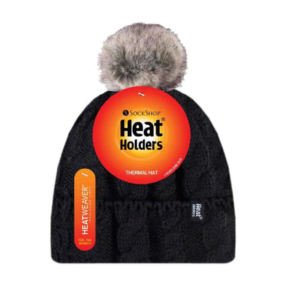 Ladies Cable Knit Fleece Lined Thermal Winter Bobble Hat with Pom Pom