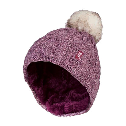 Ladies Cable Knit Fleece Lined Thermal Winter Bobble Hat with Pom Pom