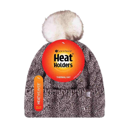Ladies Cable Knit Fleece Lined Thermal Winter Bobble Hat with Pom Pom