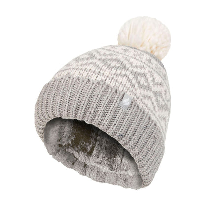 Cozy Patterned Bobble Hat for Women | Cable Knit Beanie with Fleece Lining