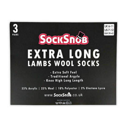 3 Pack Mens Extra Long Knee High Argyle Lambs Wool Socks