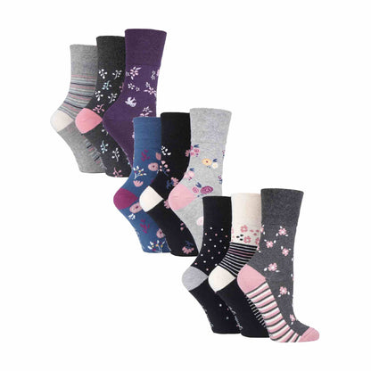 Ladies 9 Pack Non-Binding Cotton Crew Socks with Stripes Patterned