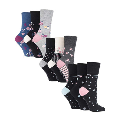 Ladies 9 Pack Non-Binding Cotton Crew Socks with Stripes Patterned