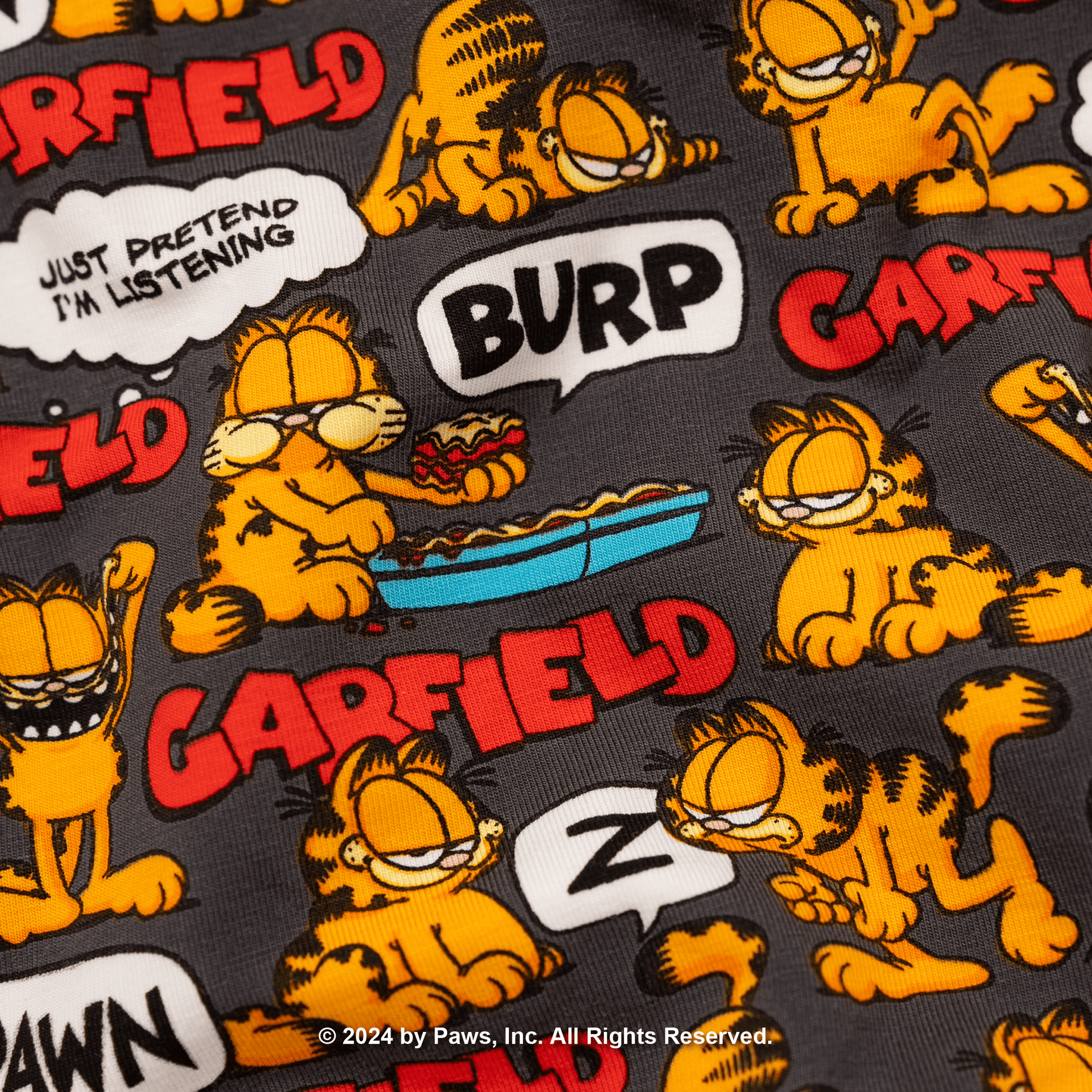 Pattern of Garfield the cat with various expressions and text on a dark background.