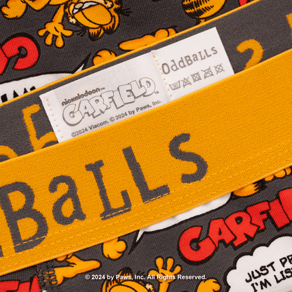 Close-up of a product with 'Garfield' branding and text, featuring the brand name 'OddBalls'.