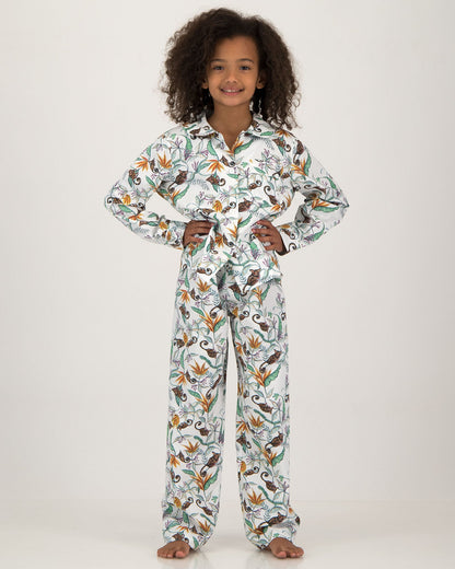 Girls Long Pyjamas - Night Monkeys White
