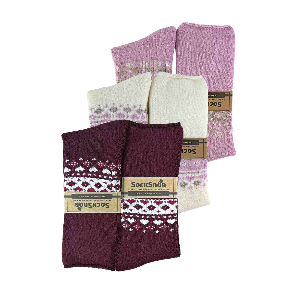 Ladies 3 Pack Turnover Top Wool Bed Socks for Winter - Fluffy Nordic Design