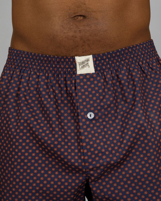Mens Boxer Shorts - Red Poppy Circles on Navy