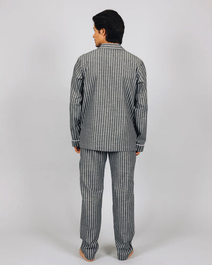 Mens Long Pyjamas - Chambray Black Stripe