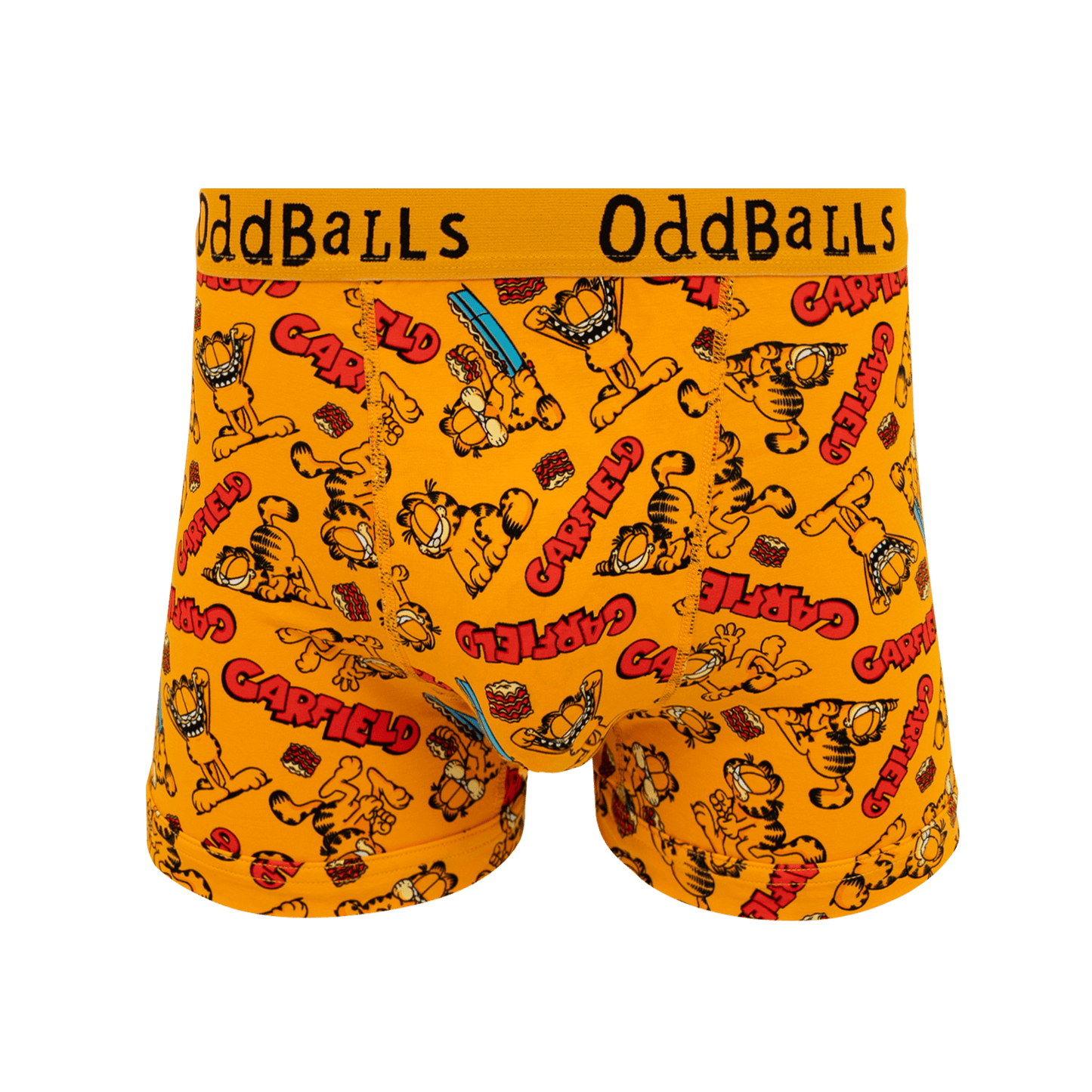 Orange boxer briefs with Garfield cartoon characters and 'OddBalls' branding