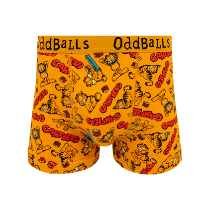 Orange boxer briefs with Garfield cartoon characters and 'OddBalls' branding