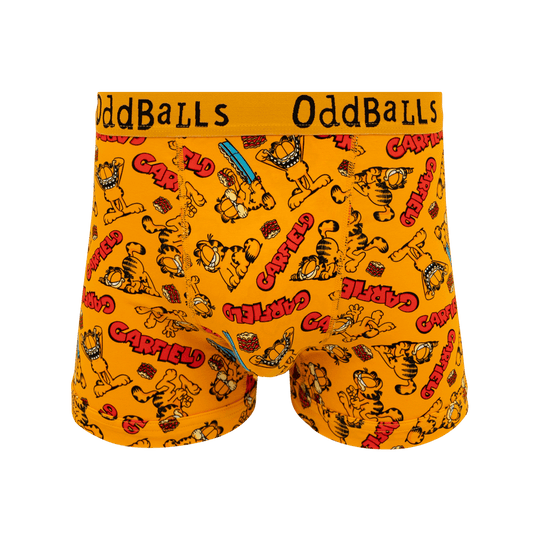 Orange boxer briefs with Garfield cartoon characters and 'OddBalls' branding