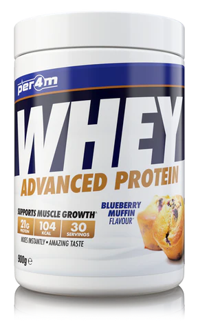 Per4m Whey protein powder container with blueberry muffin flavour on a white background