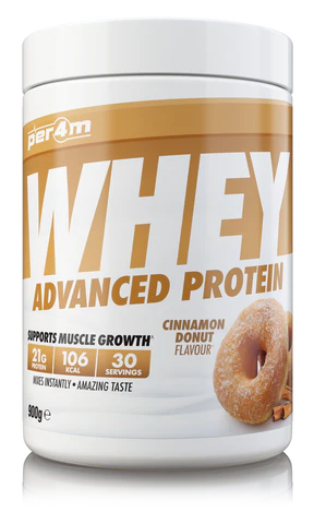 Per4m Whey protein powder container with cinnamon donut flavour on a white background