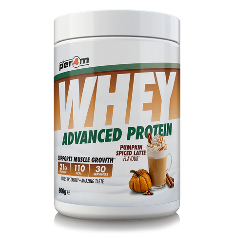 Whey protein powder container with pumpkin spice latte flavor on a white background