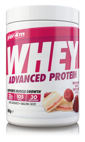 Per4m Whey protein powder container with raspberry and white chocolate flavour on a white background