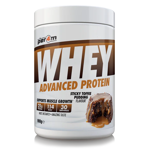 Container of Per4m Whey Advanced Protein with sticky toffee pudding flavour on a white background