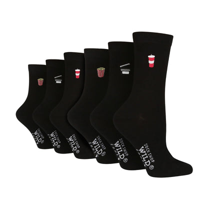 6 Pairs Ladies Multipack Black Novelty Socks: Embroidered Crew Cotton Socks