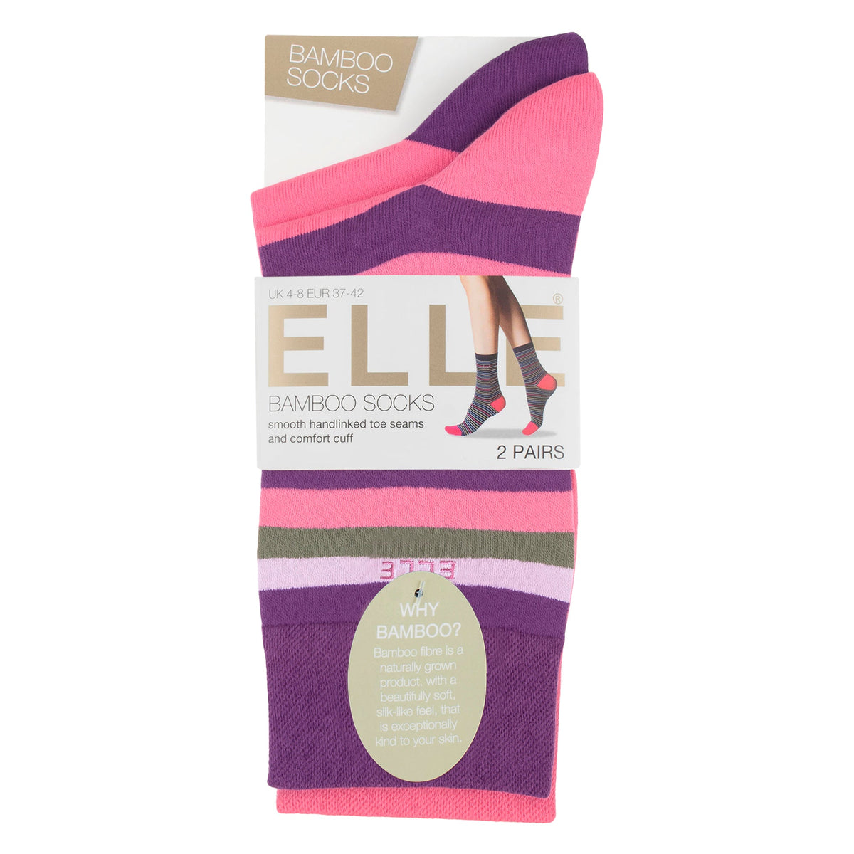 2 Pack Ladies Striped and Plain Bamboo Socks - Soft Breathable Everyday Comfort