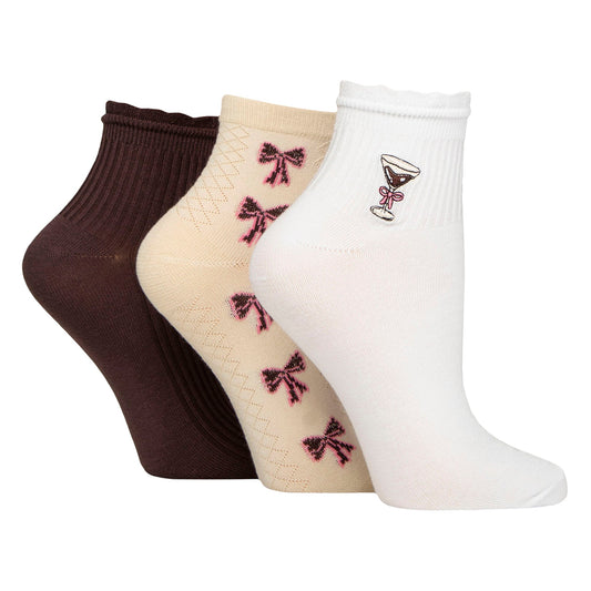 3 Pack Ladies Ribbed Anklet Socks with Frill Welt - Soft Stylish Everyday Fit