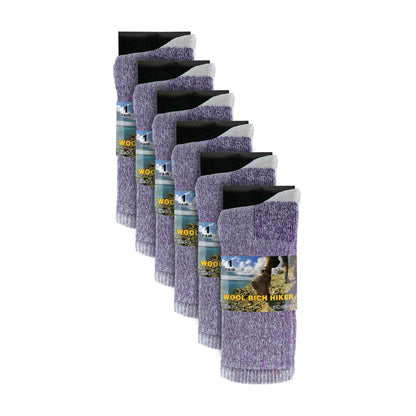 Ladies 6 Pairs Wool Socks - Cushioned Hiking Socks with Reinforced Heel & Toe