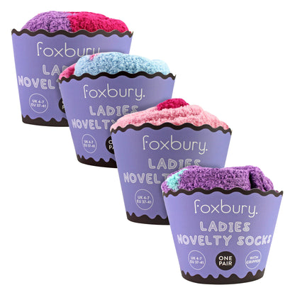 4 Pack Ladies Funny Cake Socks | Soft Fluffy Novelty Non Slip Gift Socks