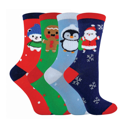 4 Pairs Kids Christmas Novelty Cotton Rich Socks