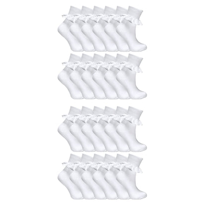 24 Pair Multipack White Frilly Lace Socks for Girls