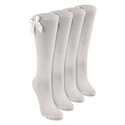 Girls 4 Pack Knee High School Socks with Ribbon Bow | Kids Plain Long Socks