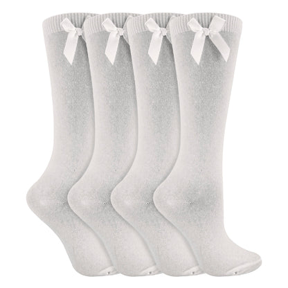 Girls 4 Pack Knee High School Socks with Ribbon Bow | Kids Plain Long Socks