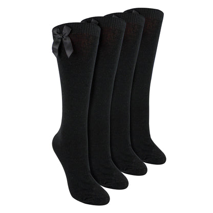 Girls 4 Pack Knee High School Socks with Ribbon Bow | Kids Plain Long Socks