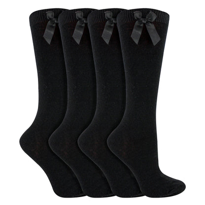 Girls 4 Pack Knee High School Socks with Ribbon Bow | Kids Plain Long Socks