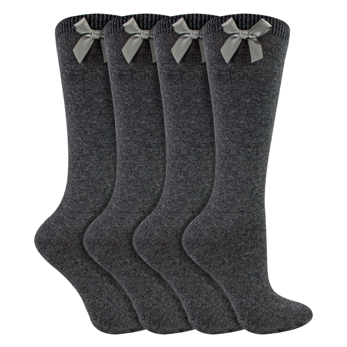 Girls 4 Pack Knee High School Socks with Ribbon Bow | Kids Plain Long Socks