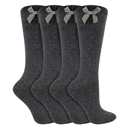 Girls 4 Pack Knee High School Socks with Ribbon Bow | Kids Plain Long Socks