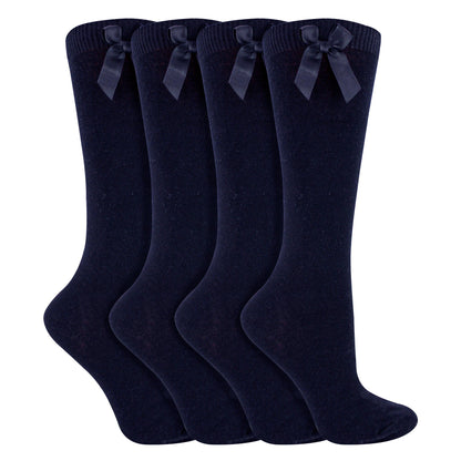 Girls 4 Pack Knee High School Socks with Ribbon Bow | Kids Plain Long Socks