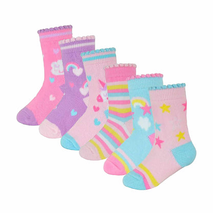 6 Pack Baby Girl Soft Cotton Unicorn Design Socks (3 Sizes)