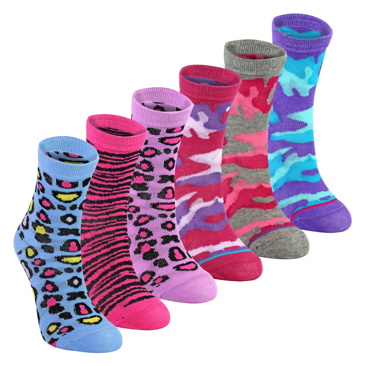 6 Pack Girls Animal Print Cotton Socks | Colourful Camo Patterned Socks