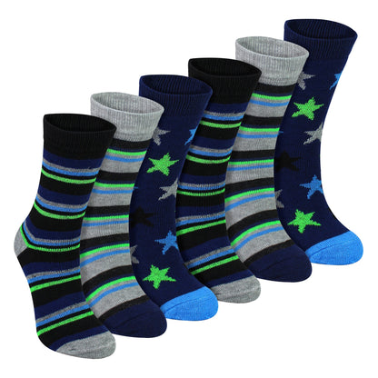 6 Pairs Boys Warm Bed Socks | Stripes & Stars Patterned Breathable Socks