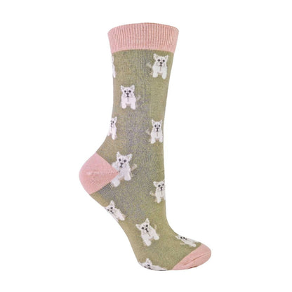 1 Pack Ladies Novelty Olive Green Westie Bamboo Socks