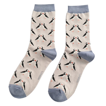 1 Pack Ladies Novelty Silver Kissing Puffins Bamboo Socks